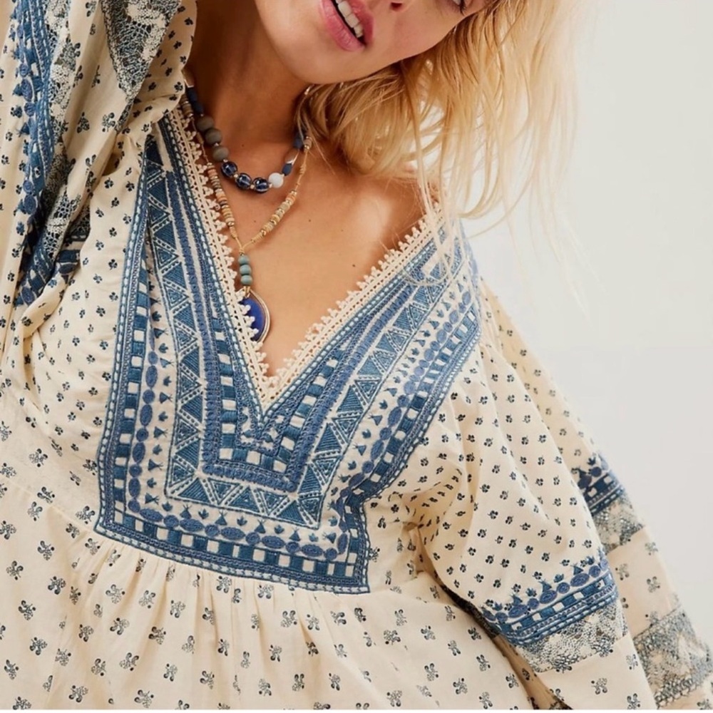 Free People Sweet Southwest Embroidered Mini Dress in Tea Combo